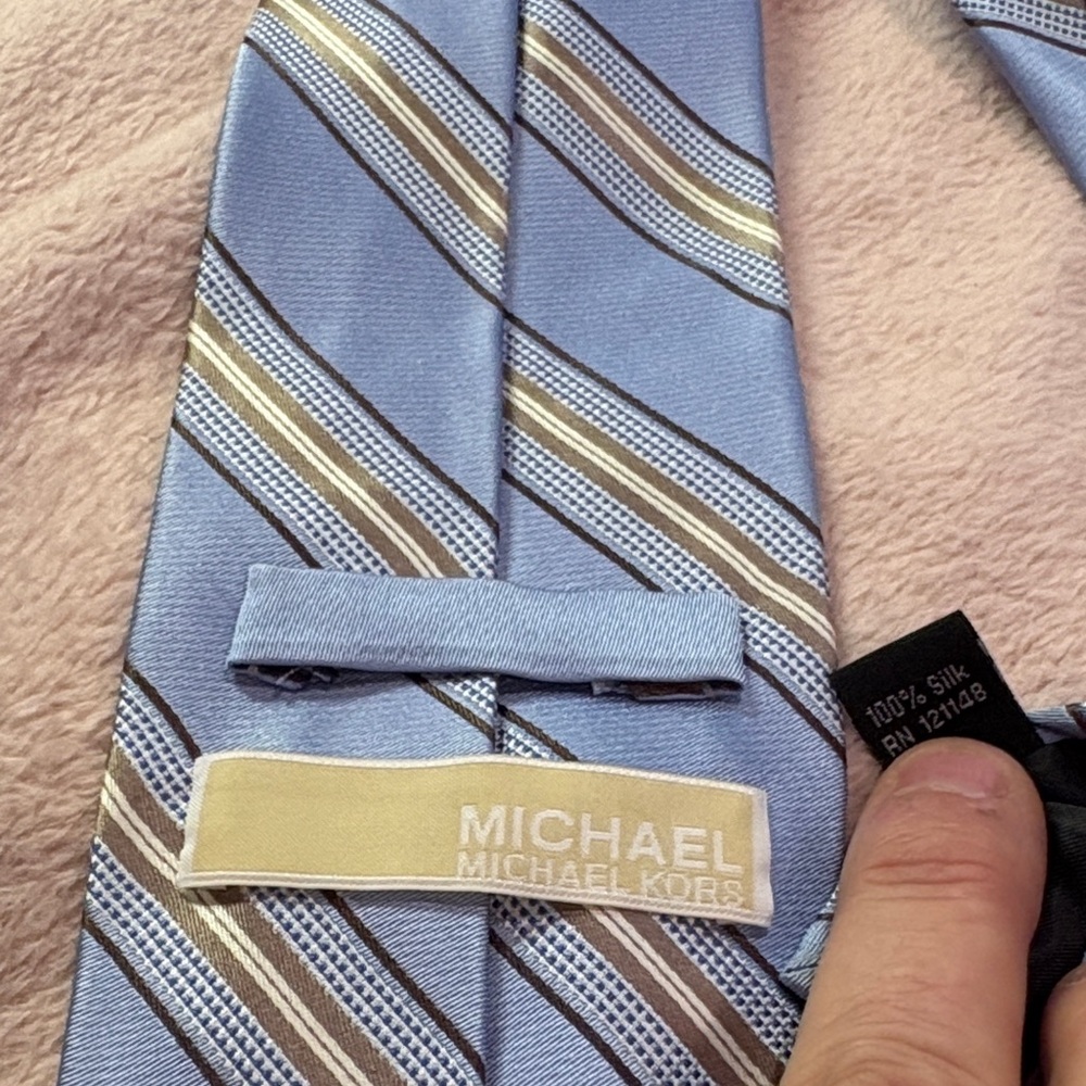 Michael Kors Light Blue and Brown SILK Striped Tie